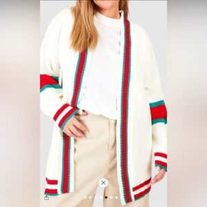 Stylish Women's Cardigan Sweater - White with Red and Green Accents